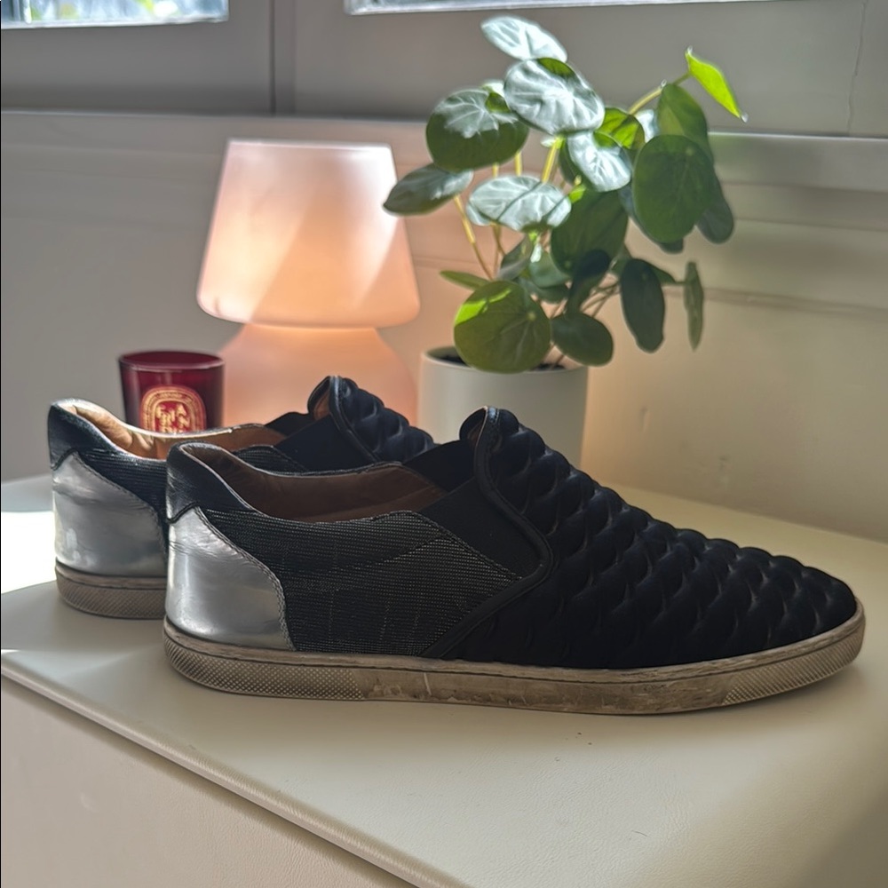Black and Silver Quilted Slip-On Sneakers